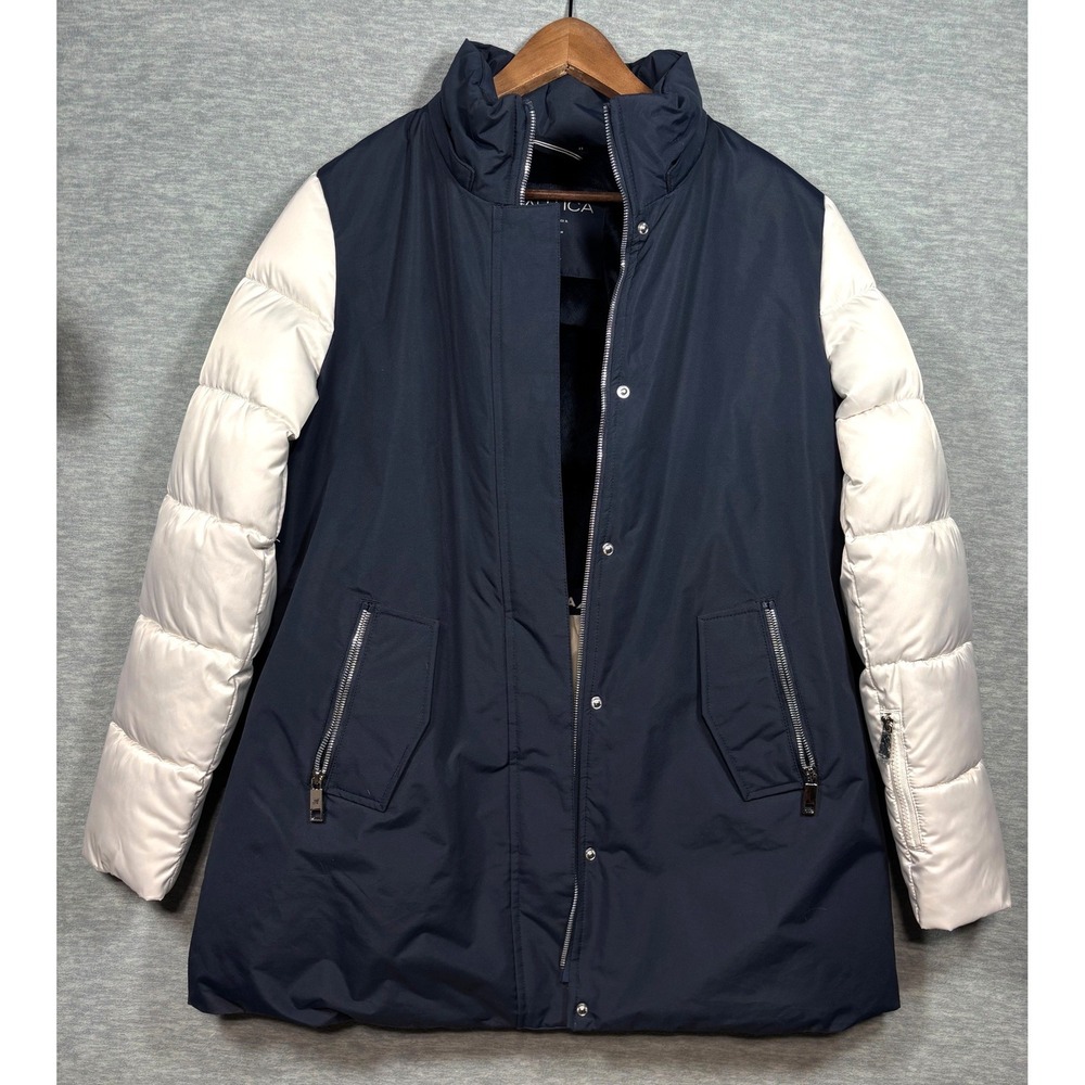 Nautica Womens L Water‎ Resistant Puffer Jacket Navy Blue White Colorblock